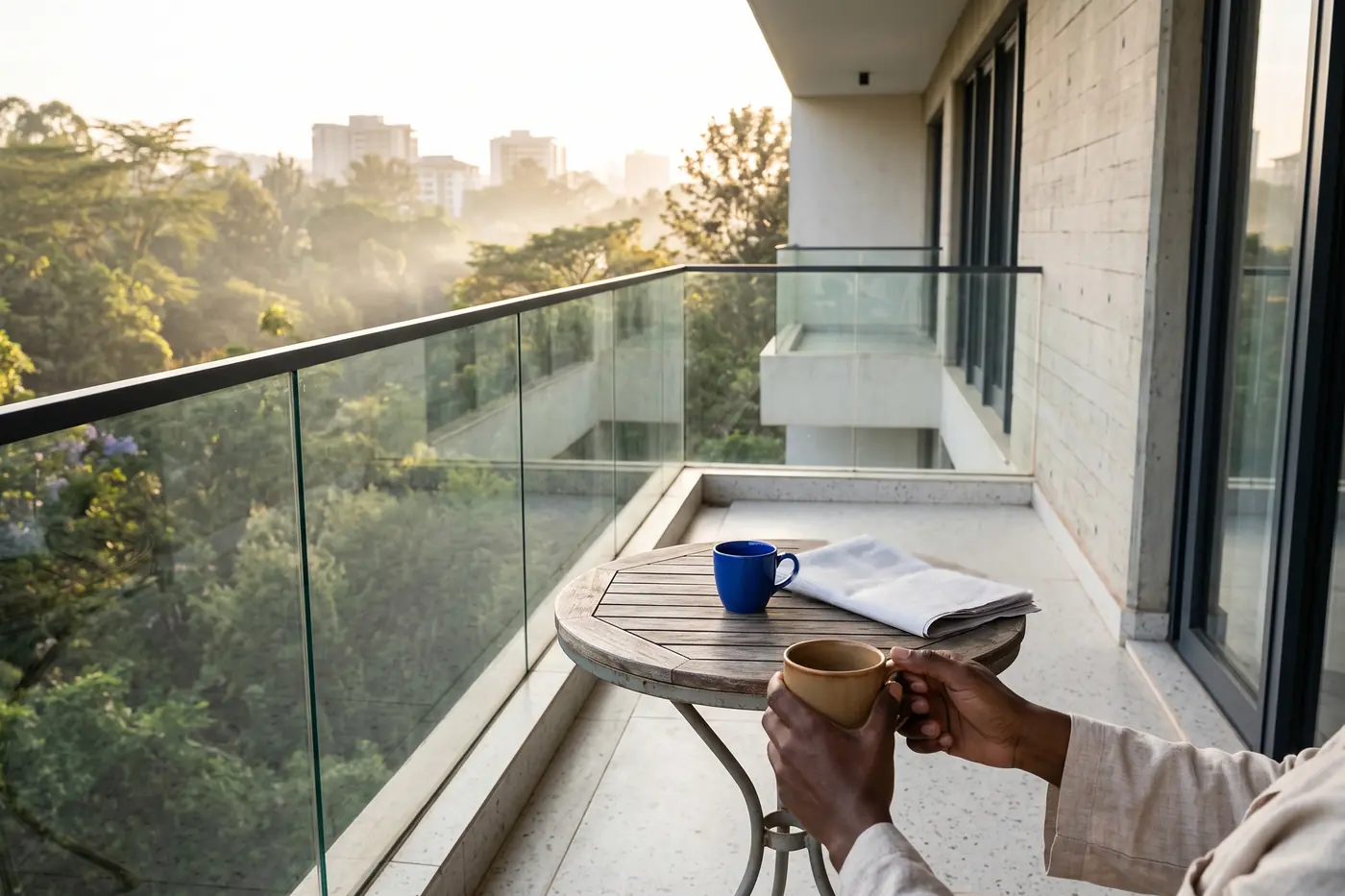 Hands around a coffee cup on a balcony with a glass balustrade, above green treetops