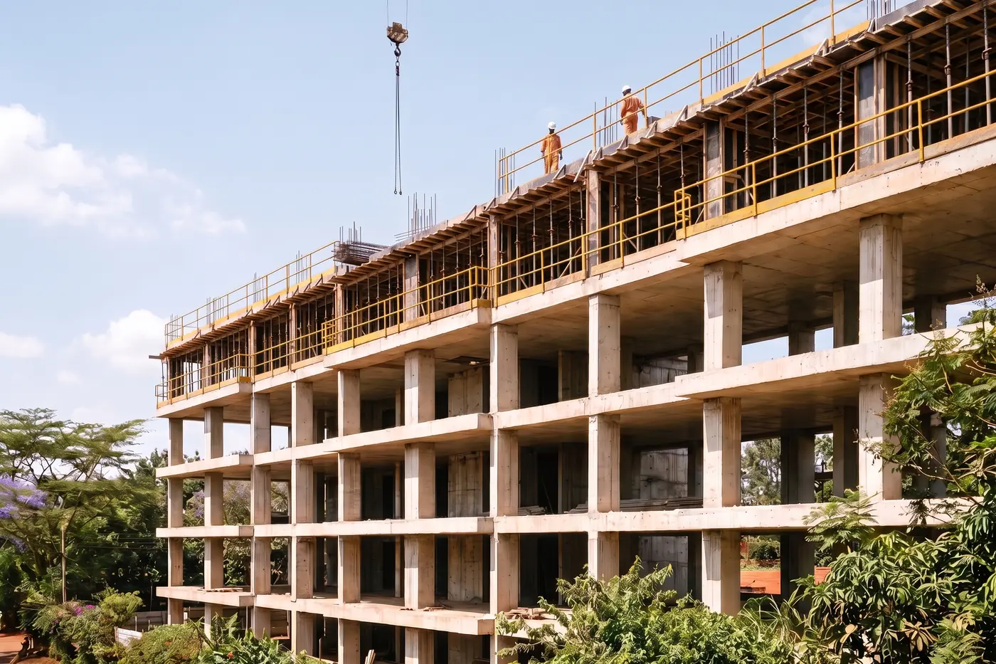 The concrete frame of the building rising, with workers on the top deck and a crane hook overhead