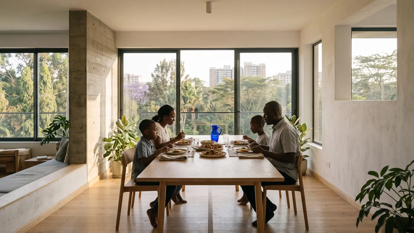 A family at an oak dining table in a long living room with tall windows onto trees