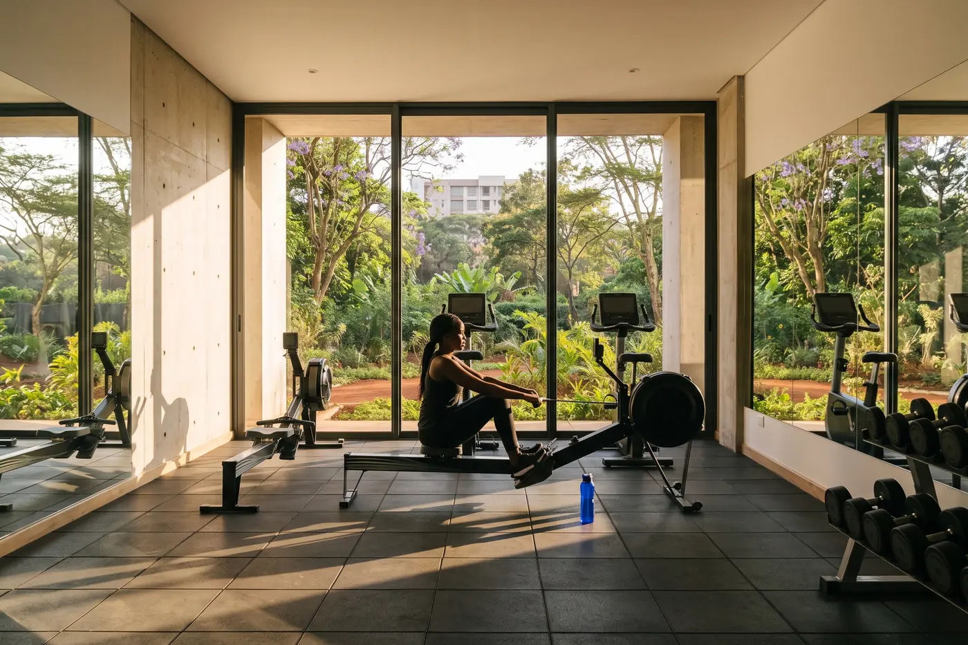 A woman on a rowing machine in a gym with bikes and weights, behind a glass wall onto the garden