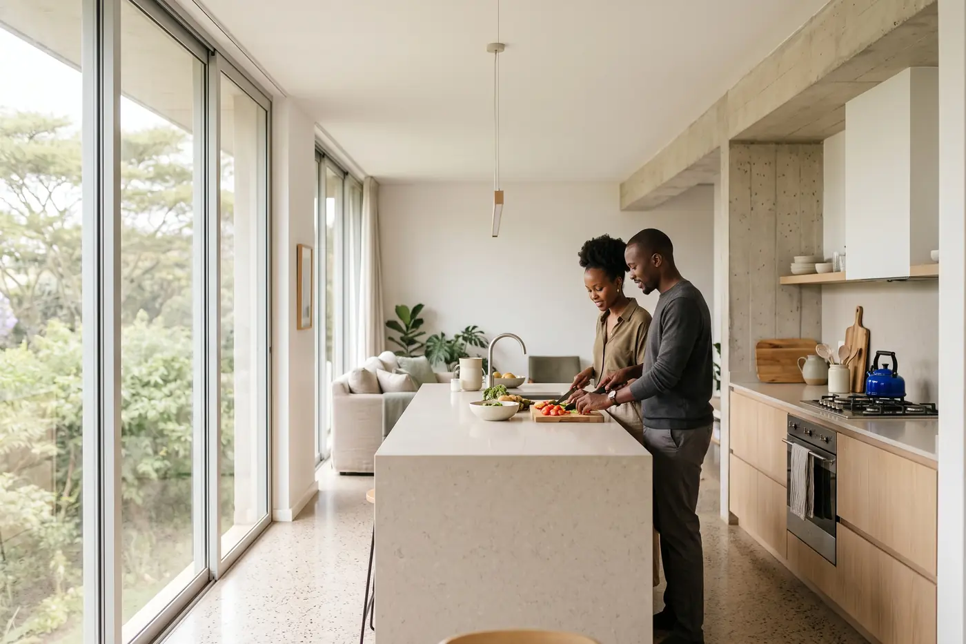 A couple cooking at a pale stone island in an open kitchen with oak cabinets and tall windows