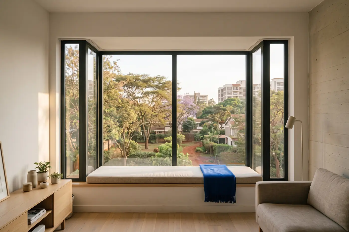 A living room with a three-sided glazed bay, an oak window seat and a cobalt throw, with gardens and jacarandas outside