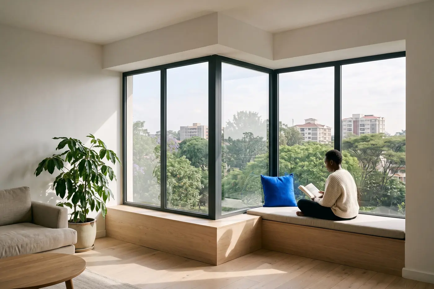A woman reading on an oak window seat in a corner bay, with a cobalt cushion and treetops outside