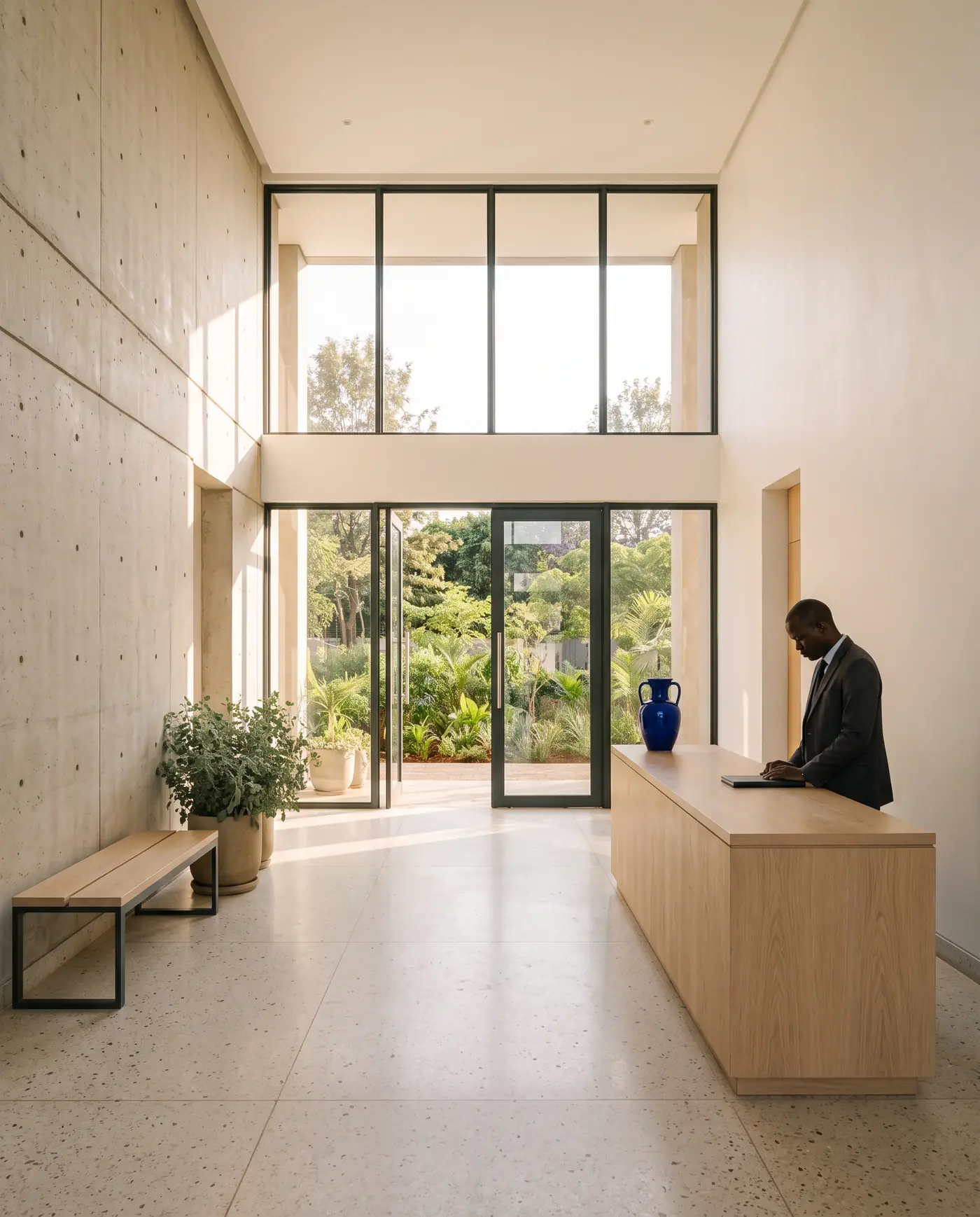 A tall lobby with board-marked concrete walls, a terrazzo floor and a concierge at an oak desk