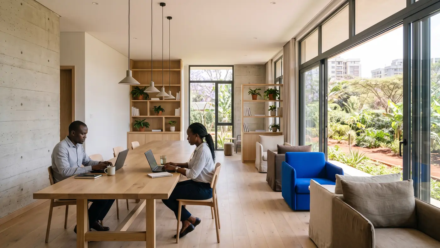 Residents working at a long oak table under pendant lights, with lounge chairs and a cobalt armchair by the window