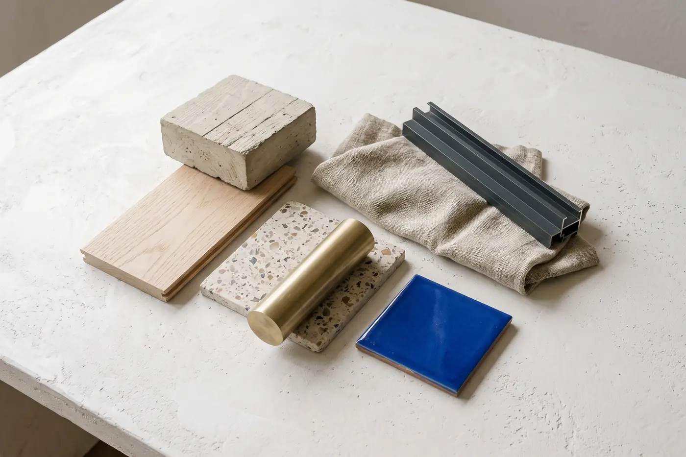 Samples of the finishes on a plaster table: board-marked concrete, oak, terrazzo, linen, a graphite window profile, brushed brass and a cobalt glazed tile