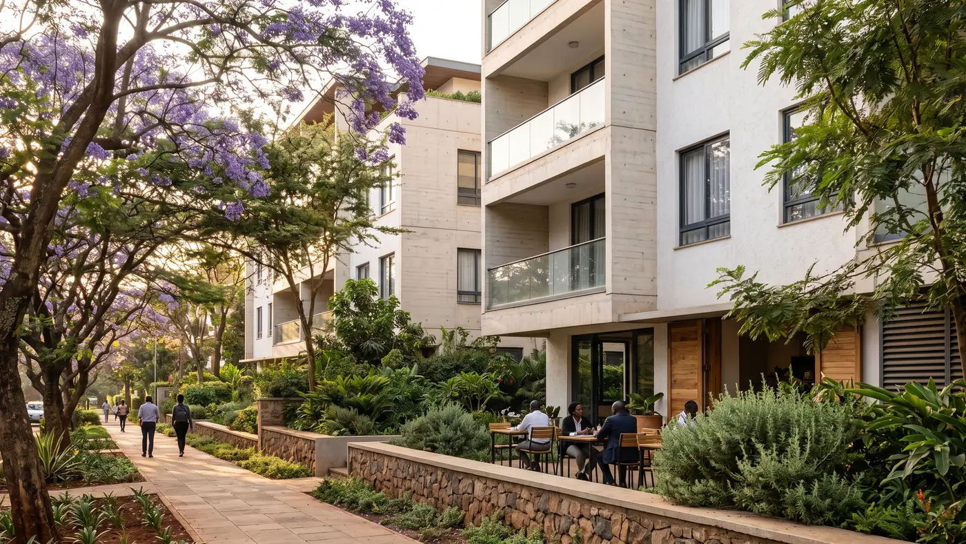 A quiet street in Riverside under jacaranda trees, with people walking and a café in a garden