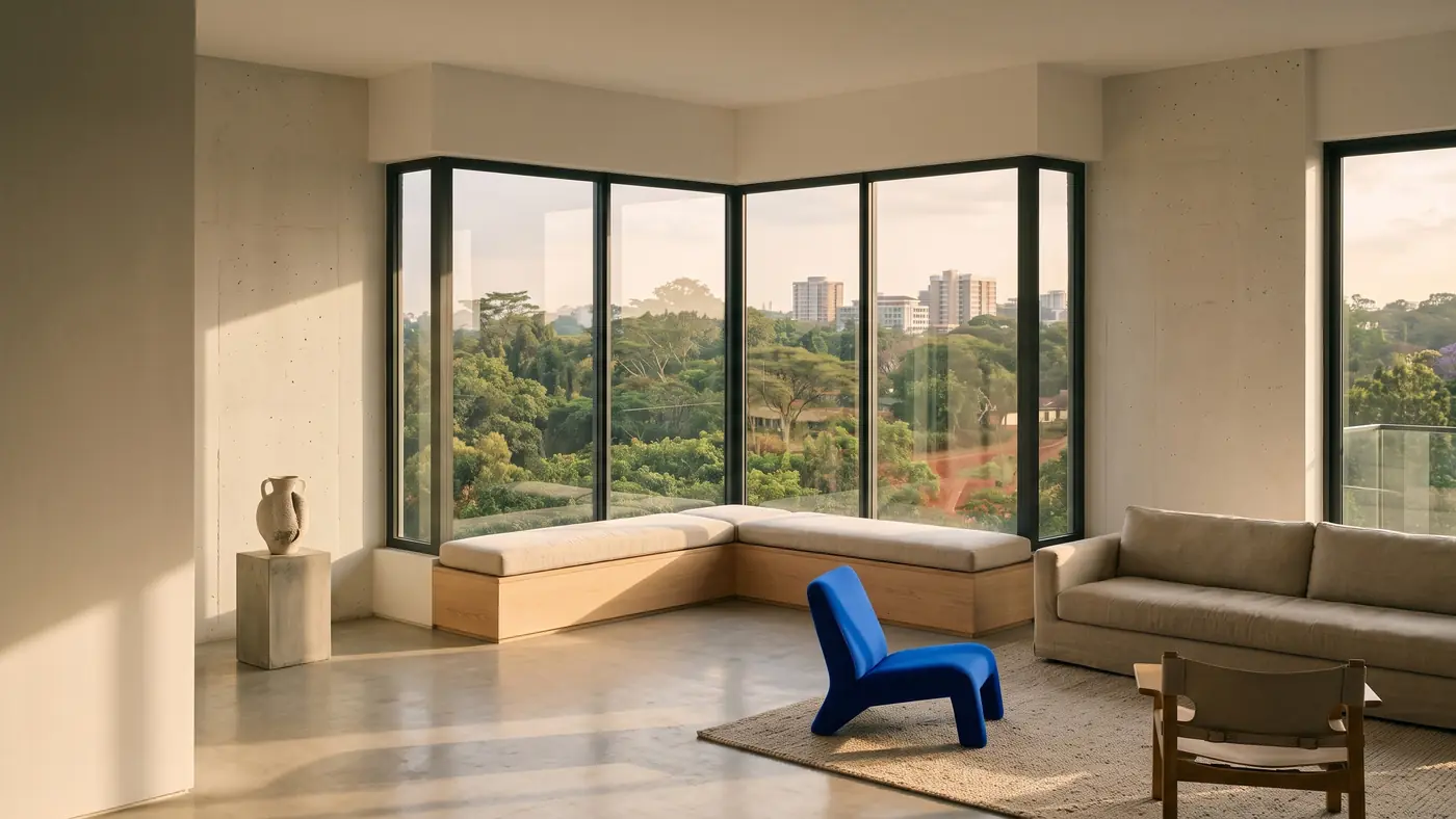 A penthouse living room with glass on two sides, a corner bay, a low sofa and a cobalt chair