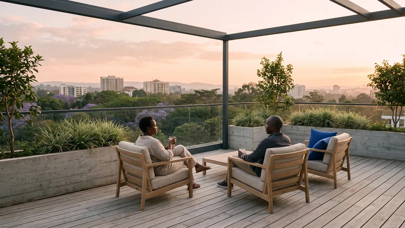 A couple sitting on a timber terrace with planters and a glass balustrade at sunset