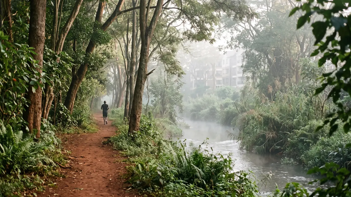A runner on a path beside a misty river, under tall trees