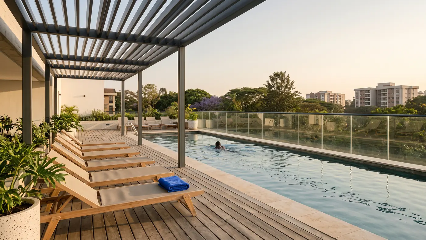 A long pool on the roof with a timber deck, loungers under a slatted pergola and treetops beyond