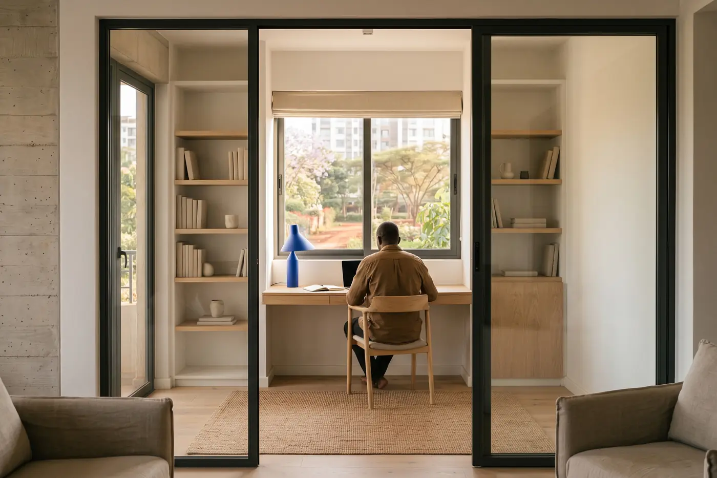 A study behind a graphite-framed glass partition, with oak shelves and a desk at the window